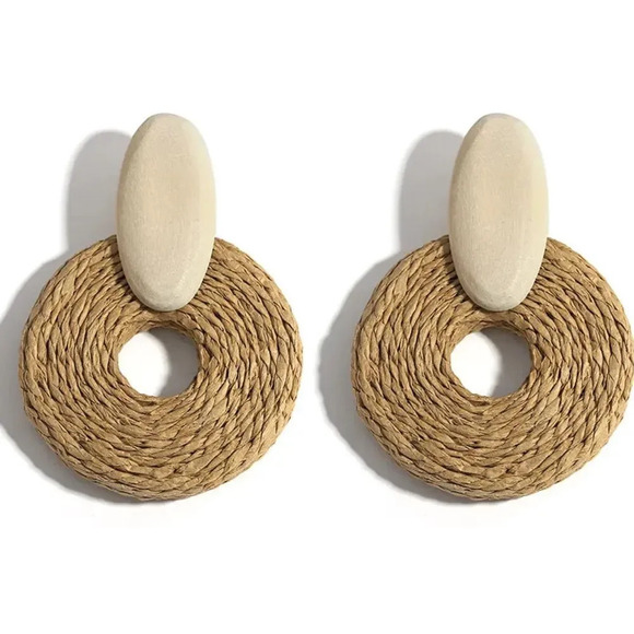 Selina Boho Raffia Rattan Drop Earrings - Picture 5 of 8